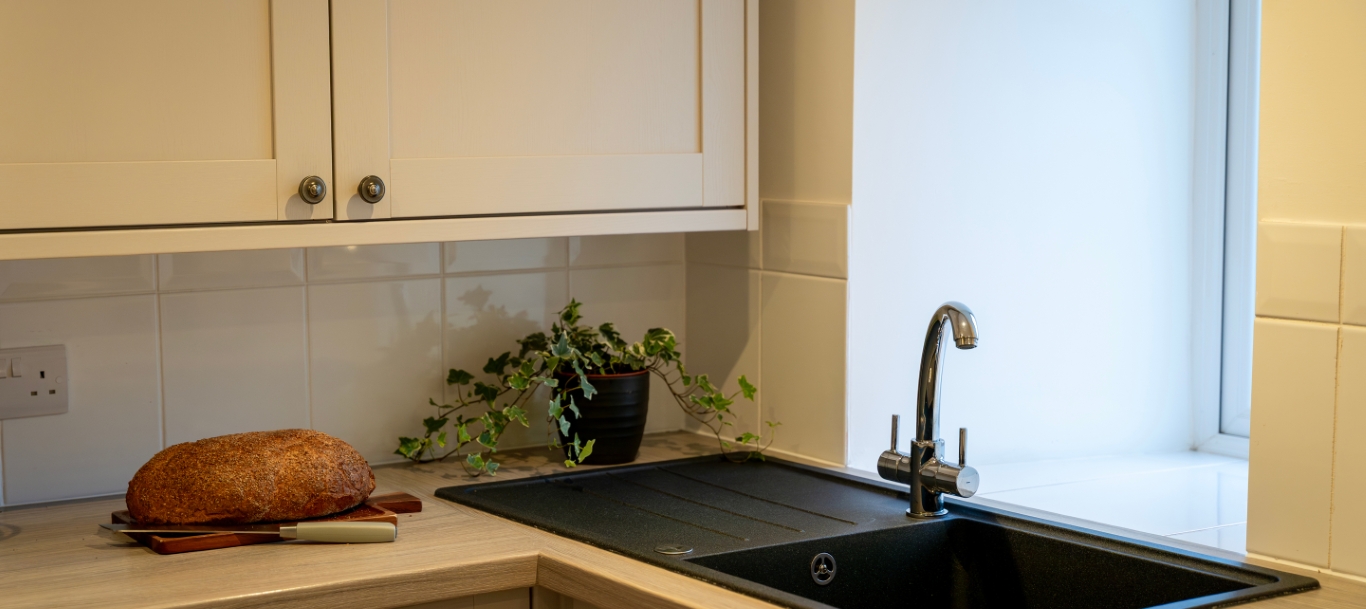 Loaf of bread on counter near kitchen sink and plant, illuminated by natural light from window.