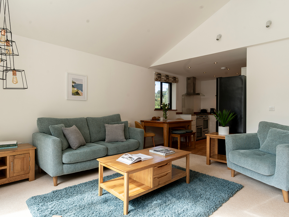 Modern living room with teal sofas, wooden furniture, and open kitchen in cozy, well-lit interior.